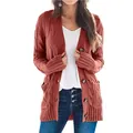 Rust orange mid-length cable knit cardigan with buttons and pockets for women. - Rust Red