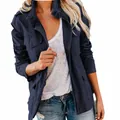 Women's navy blue multi-pocket utility jacket with stand collar and zipper closure - S / Tops / Dark Blue