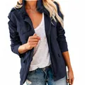 Women's navy blue multi-pocket utility jacket with stand collar and zipper closure - S / Tops / Dark Blue