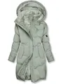 Long hooded puffer coat for women with warm grey faux-fur lining in mint green color. - S / Tops / Green