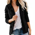 Casual women's slim fit solid color cargo jacket with multiple pockets in black - S / Tops / Black