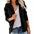 Casual women's slim fit solid color cargo jacket with multiple pockets in black - S / Tops / Black