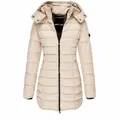 Dettaglio del cappotto imbottito kaki da donna con cappuccio e chiusura a zip sicura - Taglia S / Top / Kaki