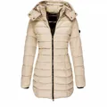 Close-up detail of a women's khaki mid-length hooded puffer coat with secure zipper closure - S / Tops / Khaki