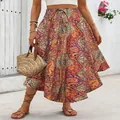 Bohemian ethnic print A-line maxi skirt with vibrant orange and purple patterns for summer - Orange Paisley Print
