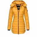 Giacca imbottita gialla di media lunghezza con cappuccio e cerniera per donna - Taglia S / Top / Giallo