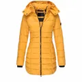 Bright yellow hooded mid-length puffer jacket with zipper closure for women - S / Tops / Yellow