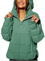 Stylish women's solid color hooded quilted pullover jacket with rounded hem - Green