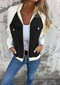 Trendy women's denim patchwork bomber jacket with white sleeves and front pockets - S / Tops / Black & White