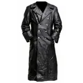 Detailed front view of a men's vintage double-breasted long black leather trench coat jacket. - S / Top (W246) / Black