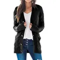 Detailed view of women's black cable-knit mid-length cardigan sweater with buttons - S / Tops / Black