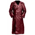 Frontal detail showing the double-breasted design of a vintage burgundy leather trench coat - S / Top (W246) / Burgundy
