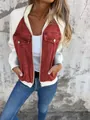 Stylish red denim patchwork jacket for women with zip front and pockets for casual wear - S / Tops / Red