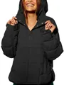 Chaqueta acolchada negra con capucha y dobladillo redondeado para mujer, estilo chic. - S / Tops / Negro
