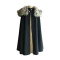 Black Medieval Renaissance cloak with faux fur collar and vintage metal buttons detail - Navy Blue