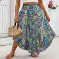 Detailed view of a high-waisted Bohemian ethnic print A-line maxi skirt with patterns - Blue Green Bohemian Print