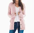 Casual mid-length cable knit cardigan for women with buttons and pockets in pink - S / Tops / Pink