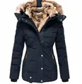 Front view of navy blue winter padded jacket featuring a thick faux fur lined hood - Blue