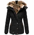 Front view of a slim-fit black winter parka with a plush faux fur hood. - S / Tops / Black