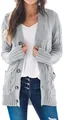 Detail of women's gray cable knit cardigan sweater with buttons and large pockets - S / Tops / Gray