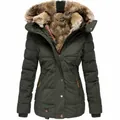 Women's slim fit winter jacket in army green with faux fur hood and zipper pockets - S / Tops / Army Green