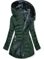 Giacca invernale trapuntata slim da donna con cappuccio e calda fodera in ecopelliccia grigia. - Taglia S / Top / Verde Scuro