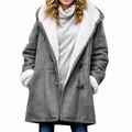 Stylish women's gray mid-length winter coat with warm white fleece lining and toggle buttons - S / Gray