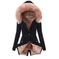Women's slim black parka jacket featuring large pink faux fur hood and warm fleece lining - Black Jacket Pink Fur