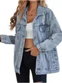 Detail shot of a women's oversized distressed denim jacket in light blue boyfriend style. - S / Tops / Light Blue