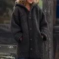 Elegant women's mid-length chunky knit cardigan hooded sweater jacket in solid black. - Black