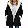 Cozy women's black hooded winter jacket featuring warm white plush lining and pockets - Black
