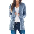 Front view of stylish women's blue cable knit long cardigan with button closure and pockets - S / Tops / Light Blue
