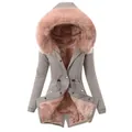 Close-up of women's slim-fit gray winter jacket featuring pink faux fur hood and lining - Light Gray Jacket Pink Fur