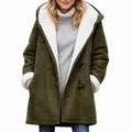 Army green women's hooded coat with white fleece lining and horn button details. - S / Army Green