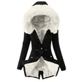 Detail view of women's fleece-lined parka featuring a large white faux fur collar and hood - S / Tops / Black and White