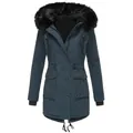 Front view of navy blue winter parka featuring black faux fur hood and drawstrings. - Grey Blue