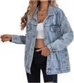 Close-up of oversized distressed denim jacket with ripped details for a boyfriend look - S / Tops / Light Blue