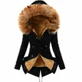 Detail view of a black women's parka featuring a large faux fur hood and warm lining. - S / Tops / Black with Yellow Collar