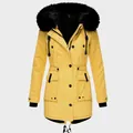 Premium yellow winter parka coat with black faux fur hood and warm fleece lining detail - S / Tops / Light Yellow