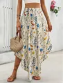 Detailed view of Bohemian floral print A-line skirt with irregular hem and elastic waist. - Apricot Ditsy Floral Print