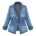 Front view detail of a light blue denim jacket featuring a zip closure and drawstring waist - S / Tops / Blue