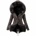 Detail view of women's slim-fit winter parka with large faux fur hood - S / Tops / Dark Gray Gray Collar