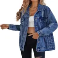 Oversized women's distressed blue denim jacket with boyfriend fit and ripped details - S / Tops / Dark Blue
