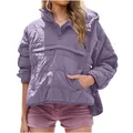 Stylish purple quilted hooded pullover jacket featuring a large front pocket and curved hem - Purple