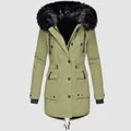 Front view detail of women's olive green winter parka featuring a black faux fur collar - S / Tops / Green