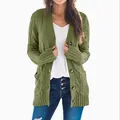 Women's long sleeve olive green cable knit cardigan sweater with button front and pockets - Army Green