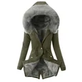 Women's slim-fit winter parka with drawstring waist and large grey faux fur hood - S / Tops / Army Green
