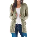 Detailed view of women's olive green cable-knit cardigan with buttons and pockets - Light Army Green