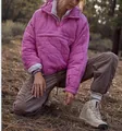 Women's pink quilted hooded puffer pullover jacket perfect for outdoor hiking and casual wear - Rose Red