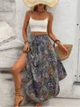 Stylish bohemian ethnic print maxi A-line skirt with high slit for summer beach - Navy Blue Ethnic Print